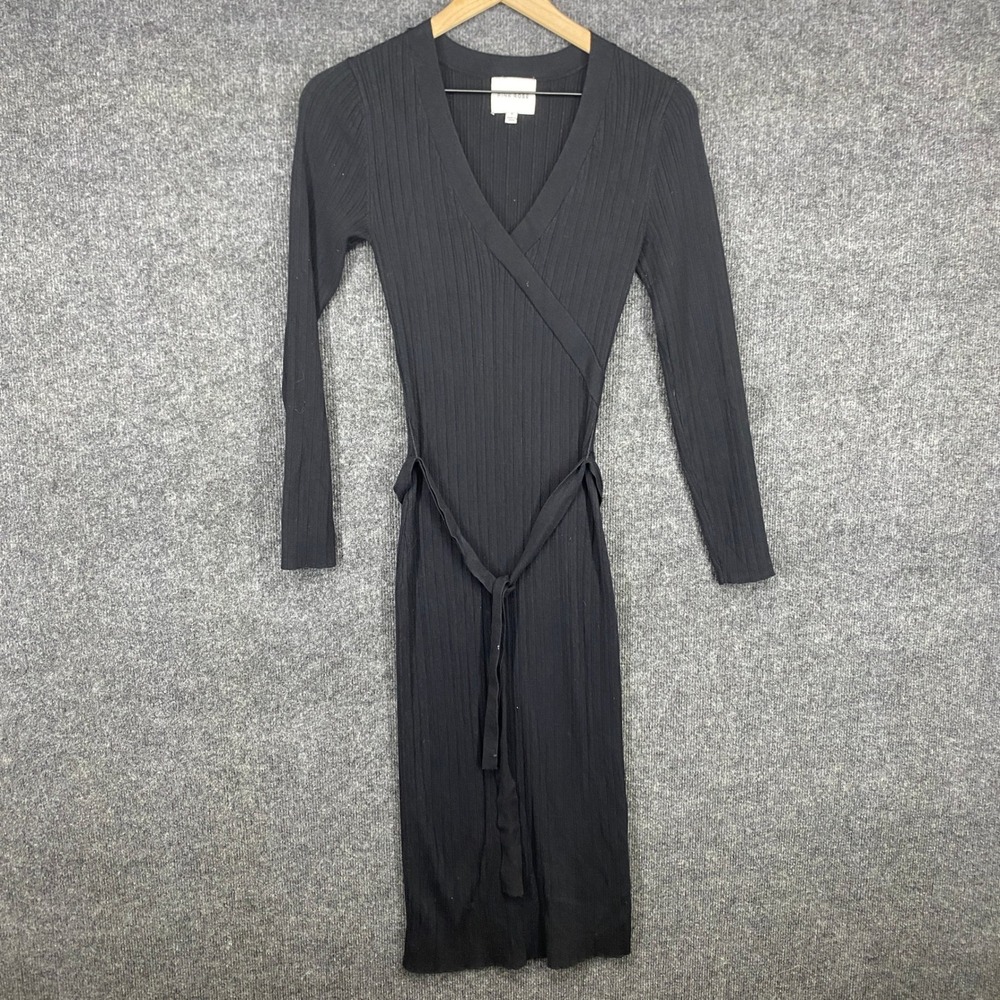 Pink Rose Black Ribbed Knit Wrap Midi Dress Long Sleeve Tie Waist Small